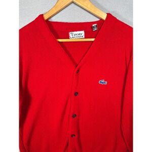Vintage Izod Lacoste Red Cardigan Sweater Mens Medium Crocodile Logo Orlon 70s